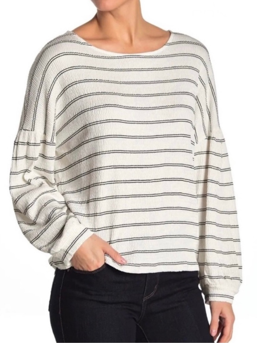 FRENCH CONNECTION STRIPED BALLOON SLEEVE TOP